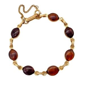 Vintage Amber Tone Swirled Lucite Cabochon Gold Link Bracelet